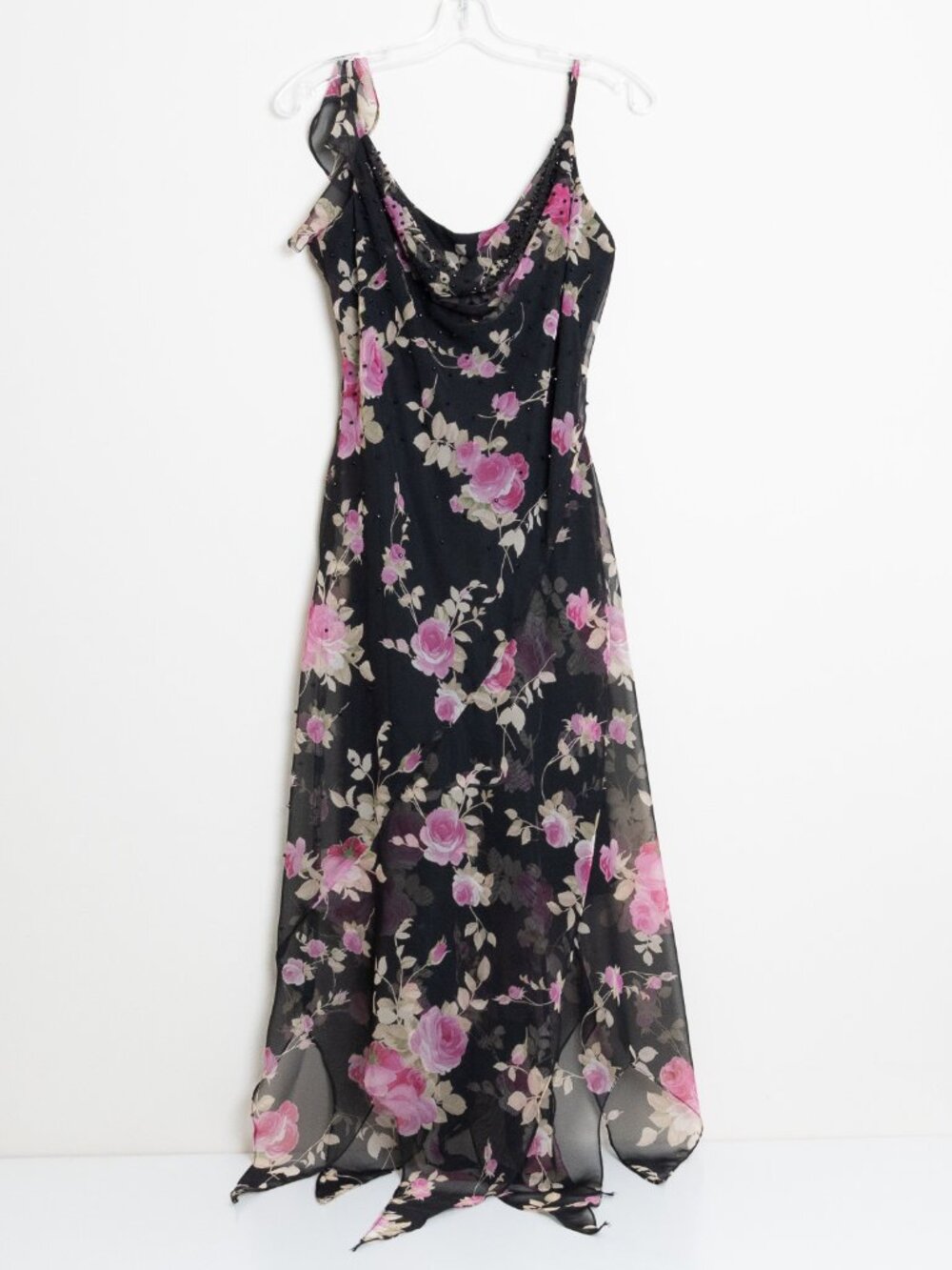 Vintage Dark Floral Beaded Cowl Maxi Dress Fairy Grunge Coquette - Picture 2 of 12